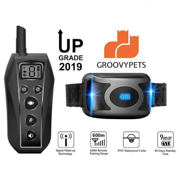 GROOVYPETS 650 Yard Remote Dog Training Shock Collar w/Safe Humane Beep, Vibration and Shock Waterproof Long Lasting Rechargeable Battery For Small Medium Large Dogs