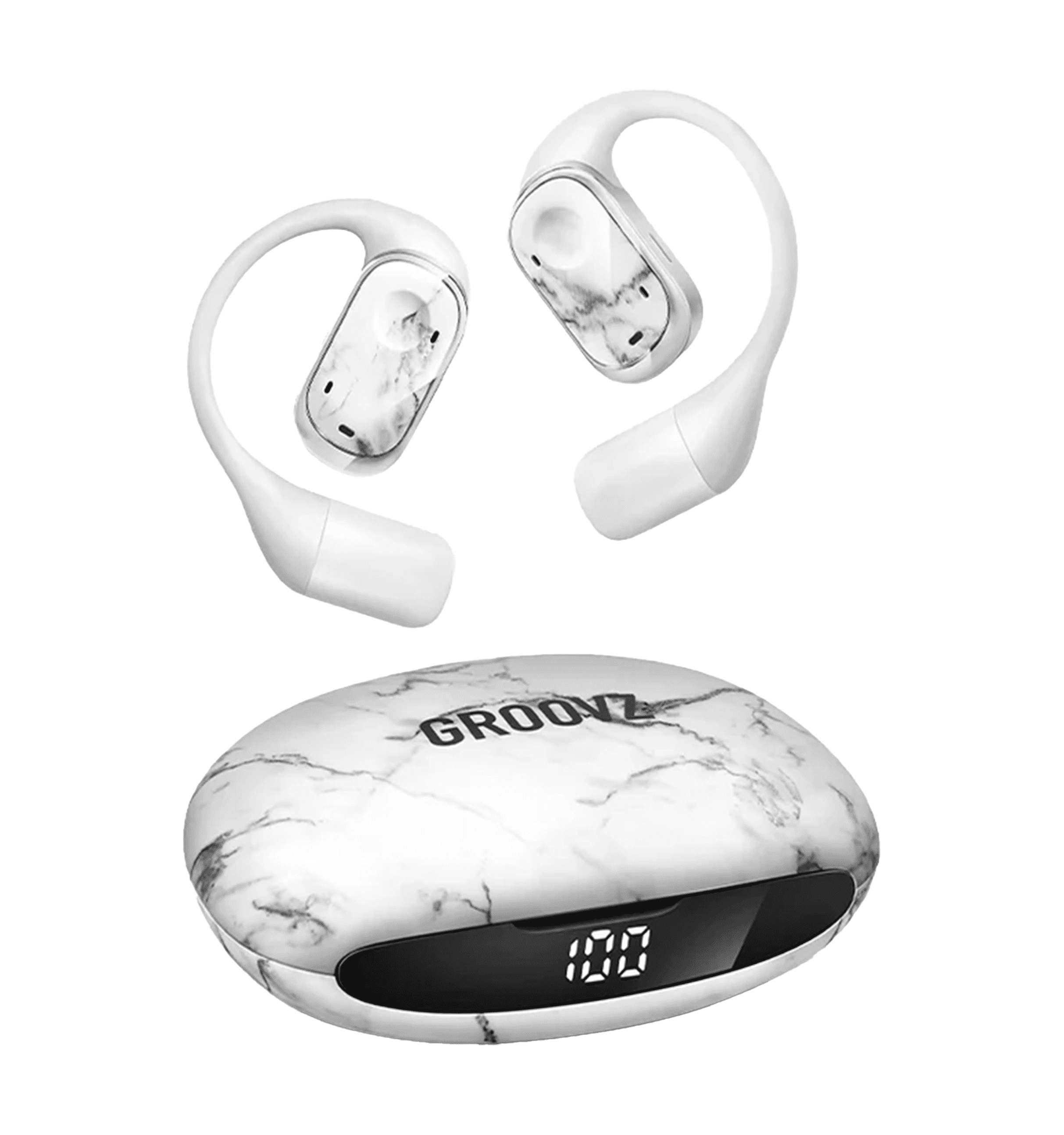GROOVZ Open-Ear True Wireless Headphones with Charging Case - WHITE MARBLE