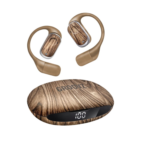 GROOVZ Open-Ear True Wireless Headphones with Charging Case - WOODGRAIN