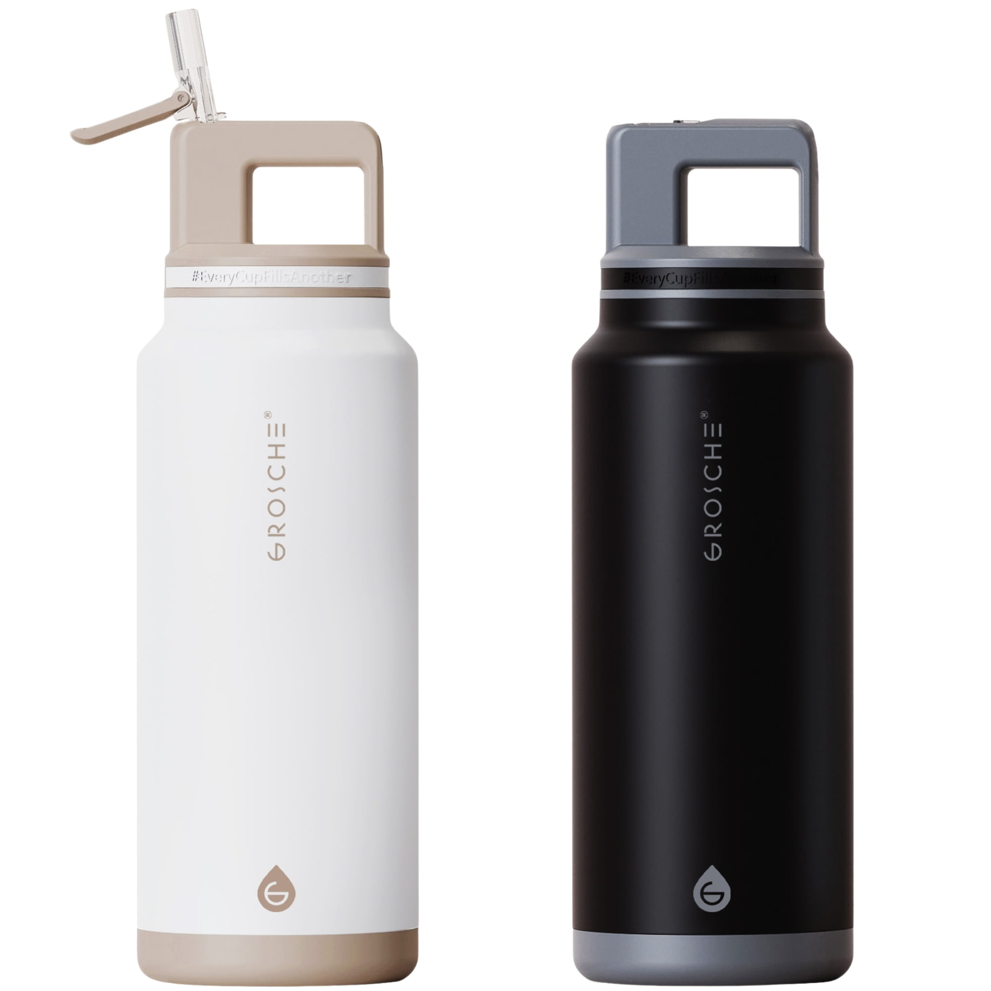 GROSCHE ALPINE Flip 'N Sip Insulated Water Bottle, Leakproof Water Bottle with Straw, 40oz, Black & White (Pack of 2)