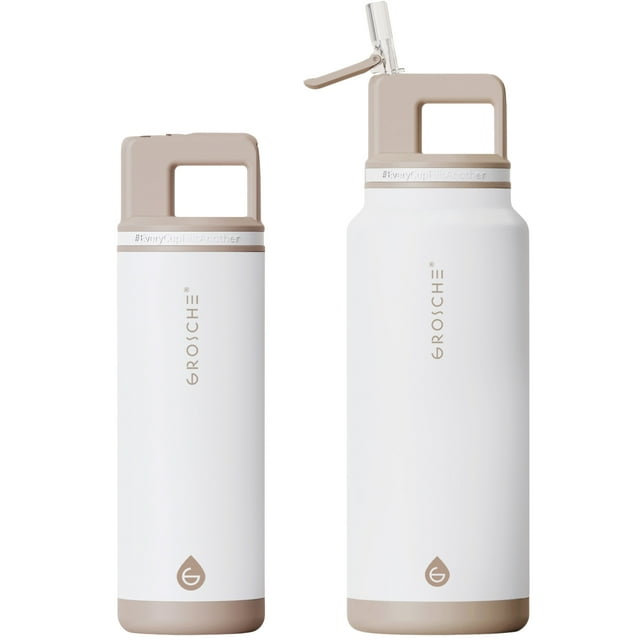 GROSCHE ALPINE Flip 'N Sip Insulated Water Bottle, Leakproof Water Bottle with Straw, Cream White (20oz + 40oz - Pack of 2)