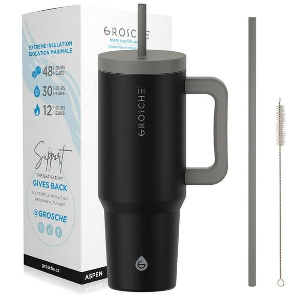 GROSCHE ASPEN 40 oz tumbler with handle and straw. Extreme insulation, classy design, built to last insulated stainless steel tumbler with handle, lid and straw, Black