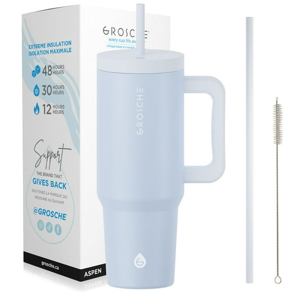 GROSCHE ASPEN 40 oz tumbler with handle and straw. Extreme insulation, classy design, built to last insulated stainless steel tumbler with handle, lid and straw, Slate Blue