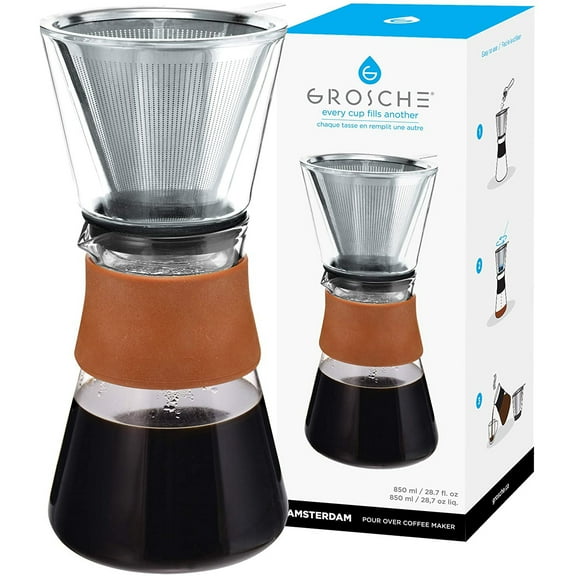 GROSCHE Amsterdam Glass Pour Over Coffee Maker - Single Cup Manual Dripper Brewer w/Removable Glass Top & Permanent Stainless-Steel Filter - 27.6 fl oz - Ideal for Home, Camping, & On-the-Go Brewing
