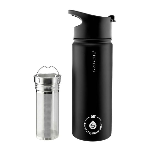 GROSCHE Chicago Stainless Steel Tea Infuser Flask | Beverage Bottle | Hot & Cold Drinks | Loose Leaf Tea Infuser | Travel Convenience Water Bottle | 16 fl oz, Black