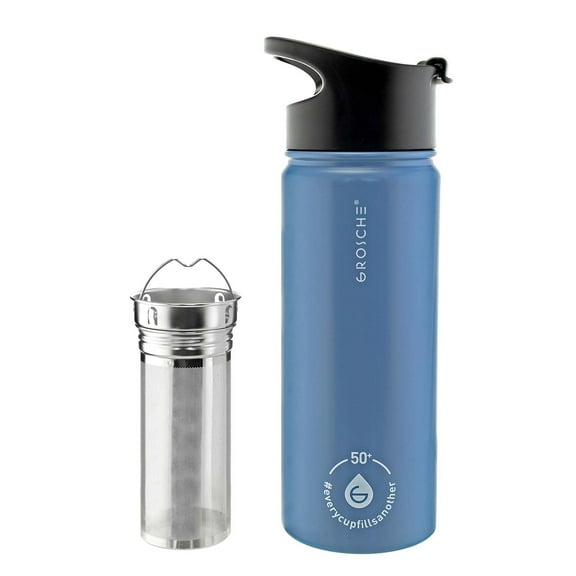 GROSCHE Chicago Stainless Steel Tea Infuser Flask | Beverage Bottle | Hot & Cold Drinks | Loose Leaf Tea Infuser | Travel Convenience Water Bottle | 16 fl oz, Blue