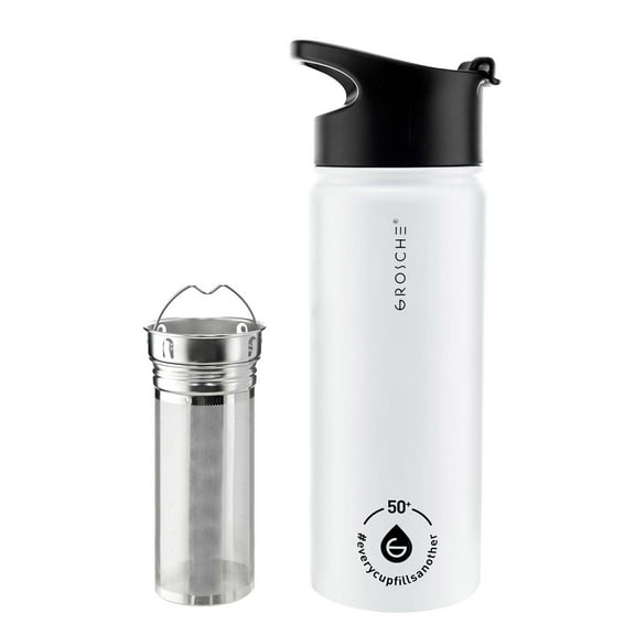 GROSCHE Chicago Stainless Steel Tea Infuser Flask | Beverage Bottle | Hot & Cold Drinks | Loose Leaf Tea Infuser | Travel Convenience Water Bottle | 16 fl oz, White