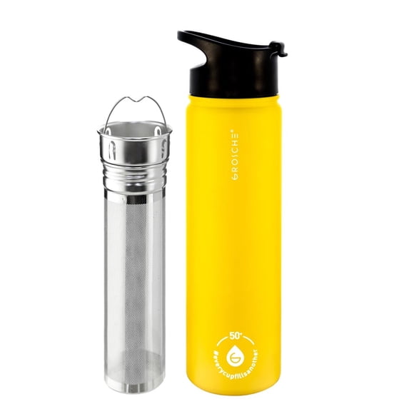 GROSCHE Chicago Stainless Steel Tea Infuser Flask | Beverage Bottle | Hot & Cold Drinks | Loose Leaf Tea Infuser | Travel Convenience Water Bottle | 22 fl oz, Yellow