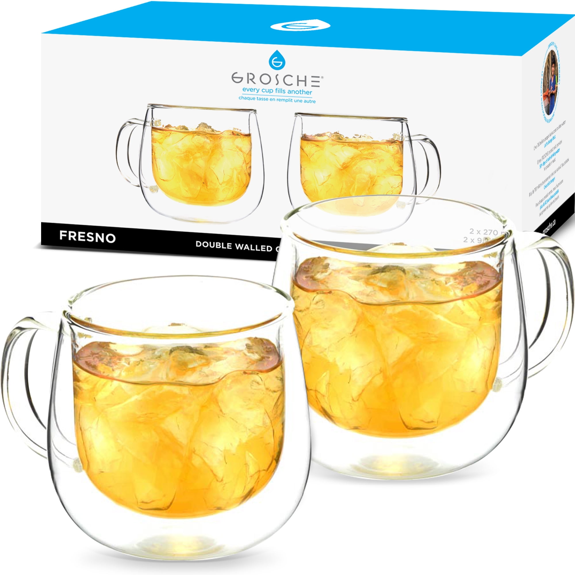 GROSCHE FRESNO Double Walled Glass Coffee Cups – Durable 9.2 fl oz Clear Glass Mugs with Handle for Hot or Cold Beverages – Insulated Glass Tea Cups, Espresso Cups (Set of 2)