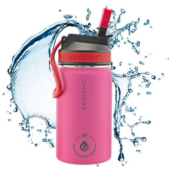 GROSCHE Lil Chill 12 oz Kids Water Bottle Insulated Water Bottle with Straw for Kids School with Straw Sip Lid - Pink