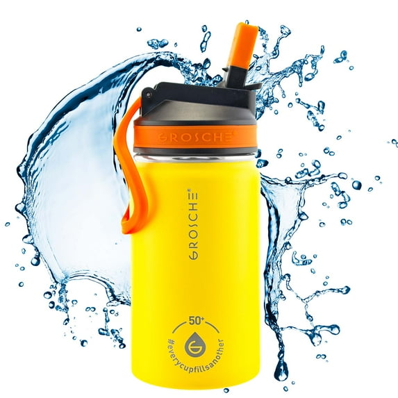 GROSCHE Lil Chill 12 oz Kids Water Bottle Insulated Water Bottle with Straw for Kids School with Straw Sip Lid - Yellow