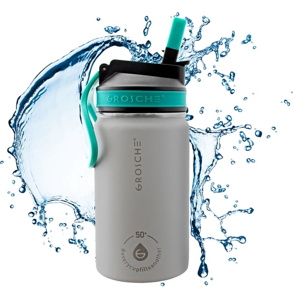 GROSCHE Lil Chill 12 oz Kids Water Bottle Insulated Water Bottle with Straw for Kids School with Straw Sip Lid - Grey