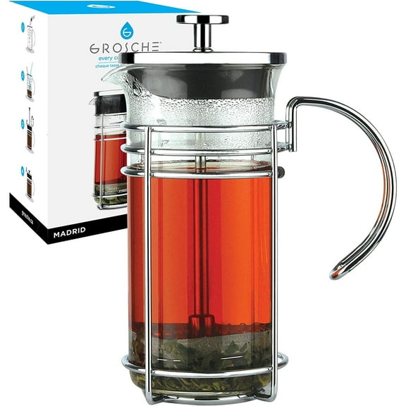 GROSCHE MADRID French Press, Premium Coffee and Tea Maker, Borosilicate Glass Beaker with Dual Filter System For Rich Brew - Versatile Brewing | Stainless Steel Filter - 11.8 OZ