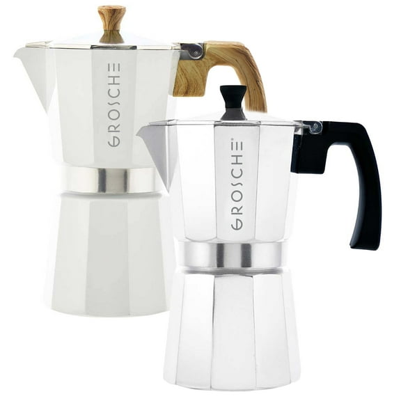 GROSCHE MILANO Stovetop Espresso Maker, Moka Pot Bundle, 9 Espresso Cup, White   Silver