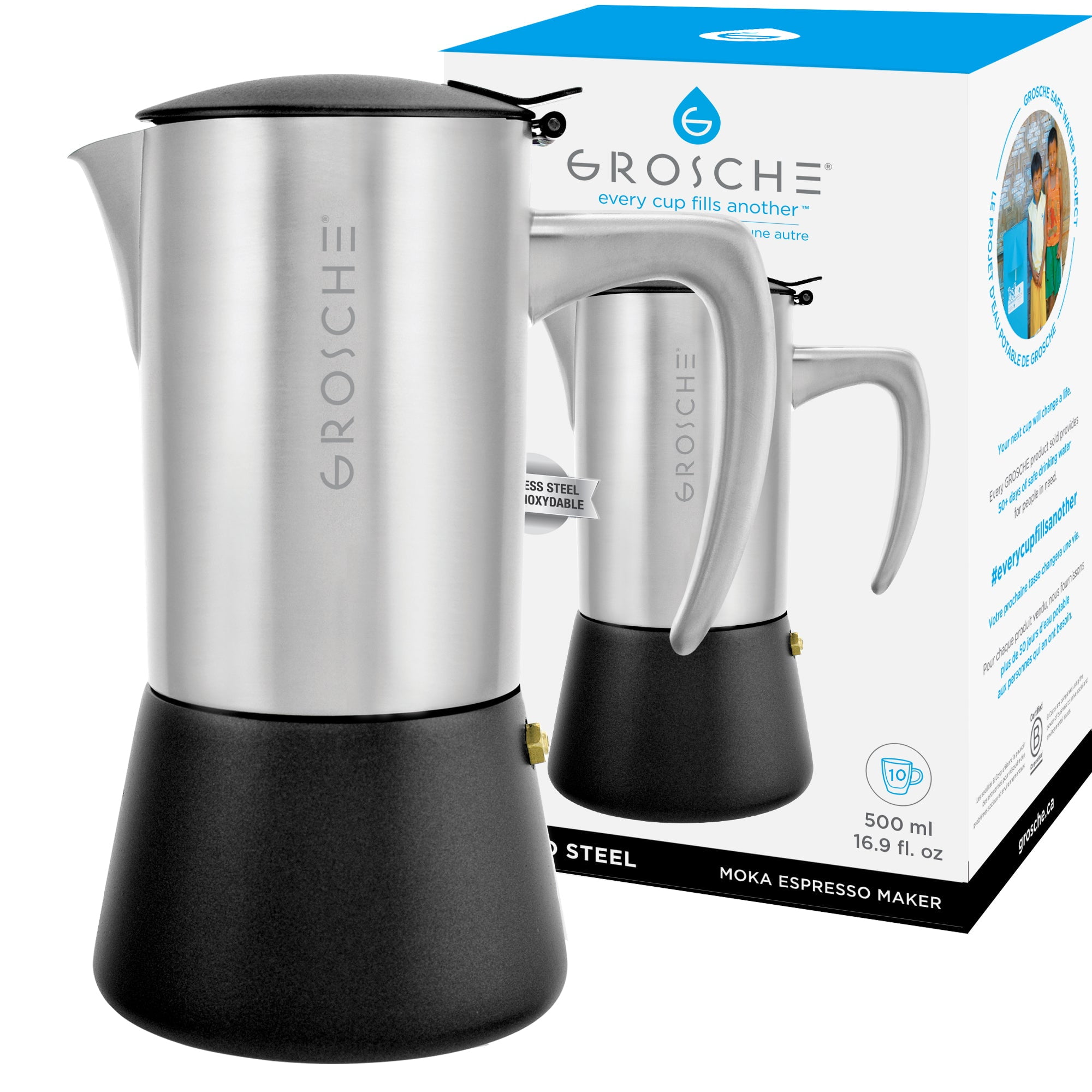Milano 10-Cup Silver and Black Stainless Steel Stovetop Espresso Maker
