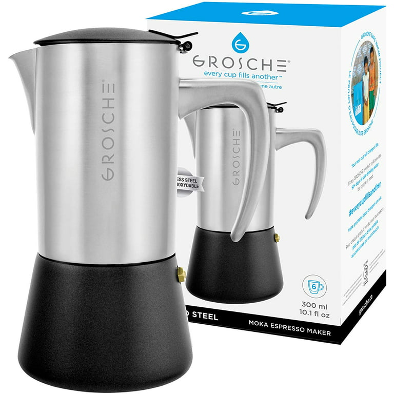 GROSCHE Milano Steel 6 Espresso Cup Brushed Stainless Steel Stovetop Espresso  Maker Moka Pot - Cuban Coffee Maker Italian Espresso Greca Coffee Maker for  Induction Gas or Electric stoves 