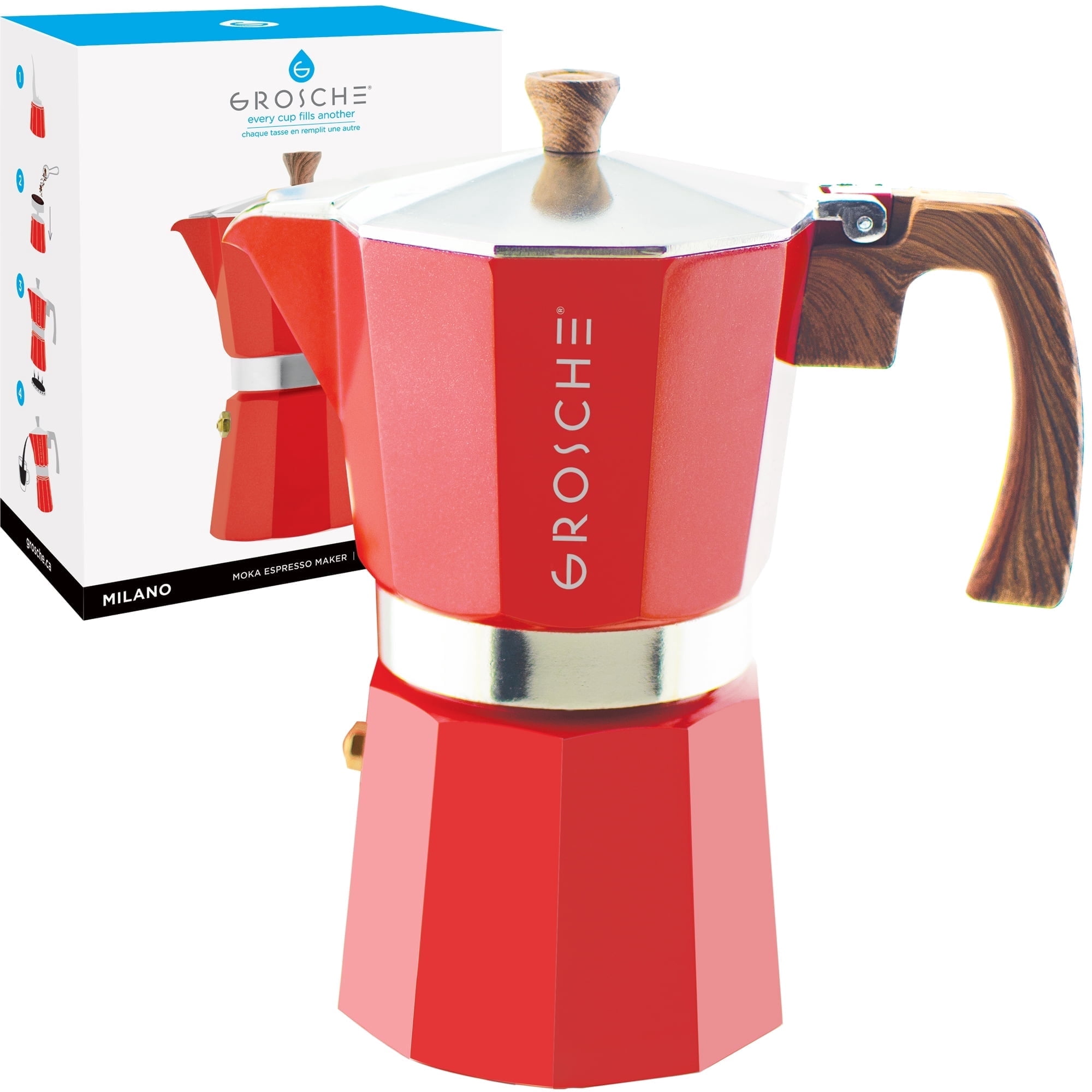 GROSCHE MILANO Stovetop Espresso Maker, Moka Pot, 9 Espresso Cups, Red