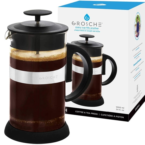 GROSCHE ZURICH French Press Coffee Maker | Stainless Steel Coffee Filter | 18/8 Double Walled Stainless Steel French Press Coffee Maker | Borosilicate Glass Beaker, 34 OZ