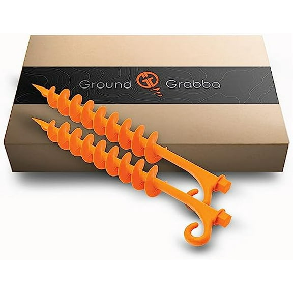 GROUNDGRABBA Lite Orange Tent Stakes, Tent Stakes for Sand, Screw in Earth Ground Anchors for Maximum Grip and Longevity in Soft Surfaces, 2 Pack