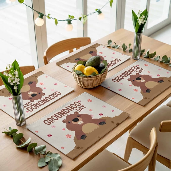 GROUNDHOG DAY Words Placemats Set of 4,Wipeable Washable Table Mats for Dining Tables, Cute Marmot Flowers Place Mats for Kitchen Event Party Tabletop Decor