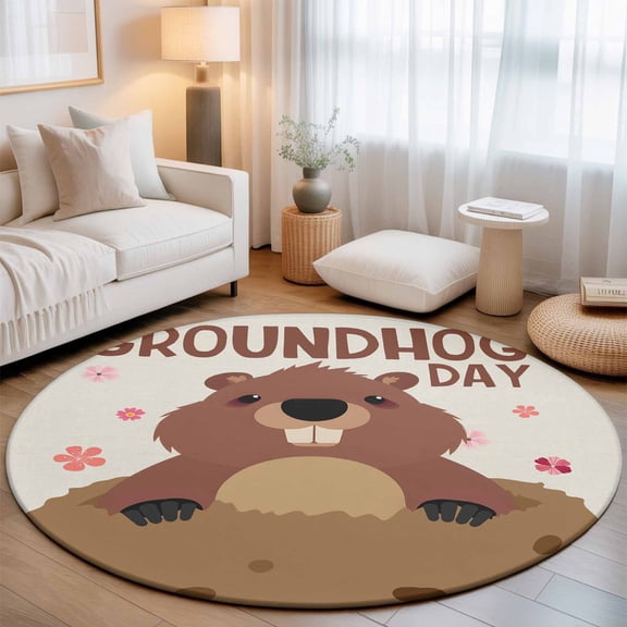 GROUNDHOG DAY Words Round Rug 5ft Cute Marmot Flowers Washable Area Rugs for Living Room Bedroom Entryway Non Slip Entrance Door Mat Indoor Floor Carpet