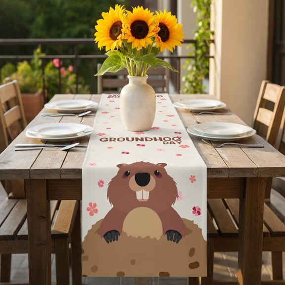 GROUNDHOG DAY Words Table Runner 36 Inches Long,Kitchen Dining Tablerunners Cute Marmot Flowers Linen Table Runners Dresser Scarves for Home Dinner Wedding Holiday Party Decor