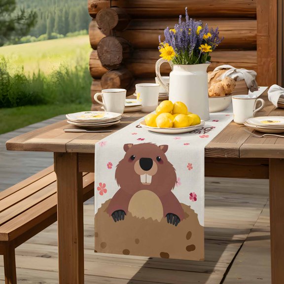 GROUNDHOG DAY Words Table Runner 60 Inch Long Cute Marmot Flowers Table Runners Linen Burlap Tablerunner for Kitchen Dining Room Holiday Party