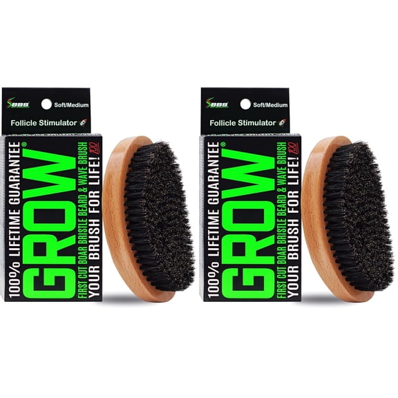 GROW Beard Brush & 360 Wave Brush for Men - Natural Boar Bristle For Fuller, Thicker Hair, Beard & Mustache - Premium Full-Size to Exfoliate, Strengthen Hair, Stimulate & Boost Growth (Pack of 2)