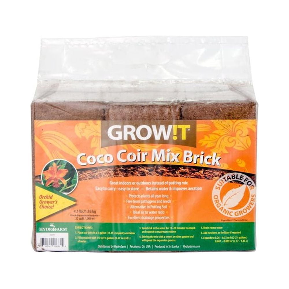 HYDROFARM GROW!T JSCPB - Coco Coir Mix Brick (Pack of 3), Brown - Protects Plants All Year Long, Free from Pathogens and Seeds, Alternative to Potting Soil, Perfect for indoor or outdoor usage
