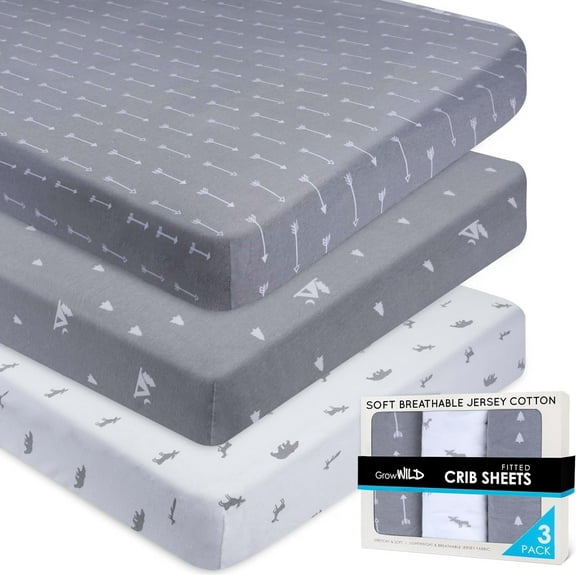 GROW WILD Crib Sheets 3 Pack | Soft Crib Sheets for Boys and Girls | Crib Sheets Neutral Grey | Jersey Cotton Soft & Stretchy Forest Crib Sheet - Nicely Fit Crib Mattress Sheet (Woodland Adventure)