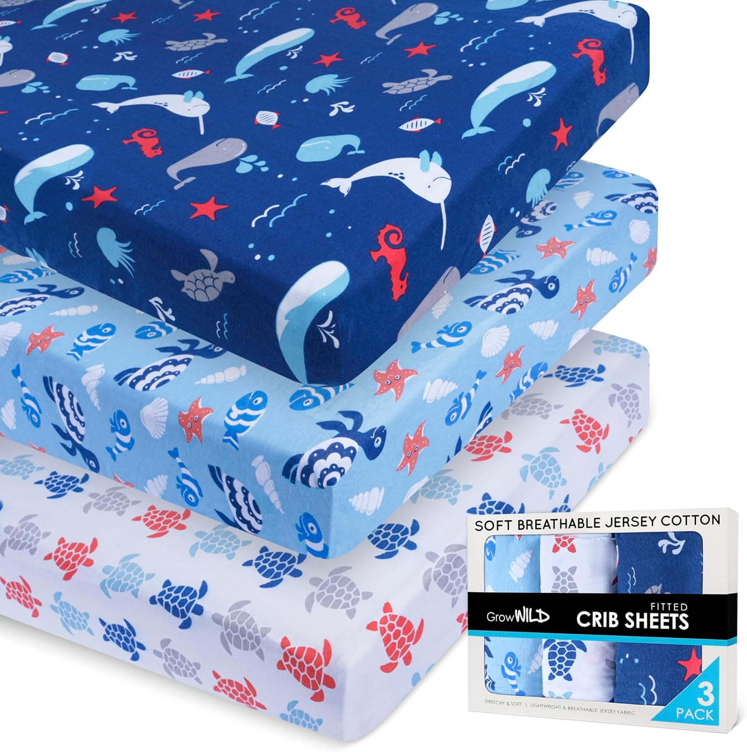 Ocean Blue Jersey Cotton Fitted Crib Sheets Set for Boys