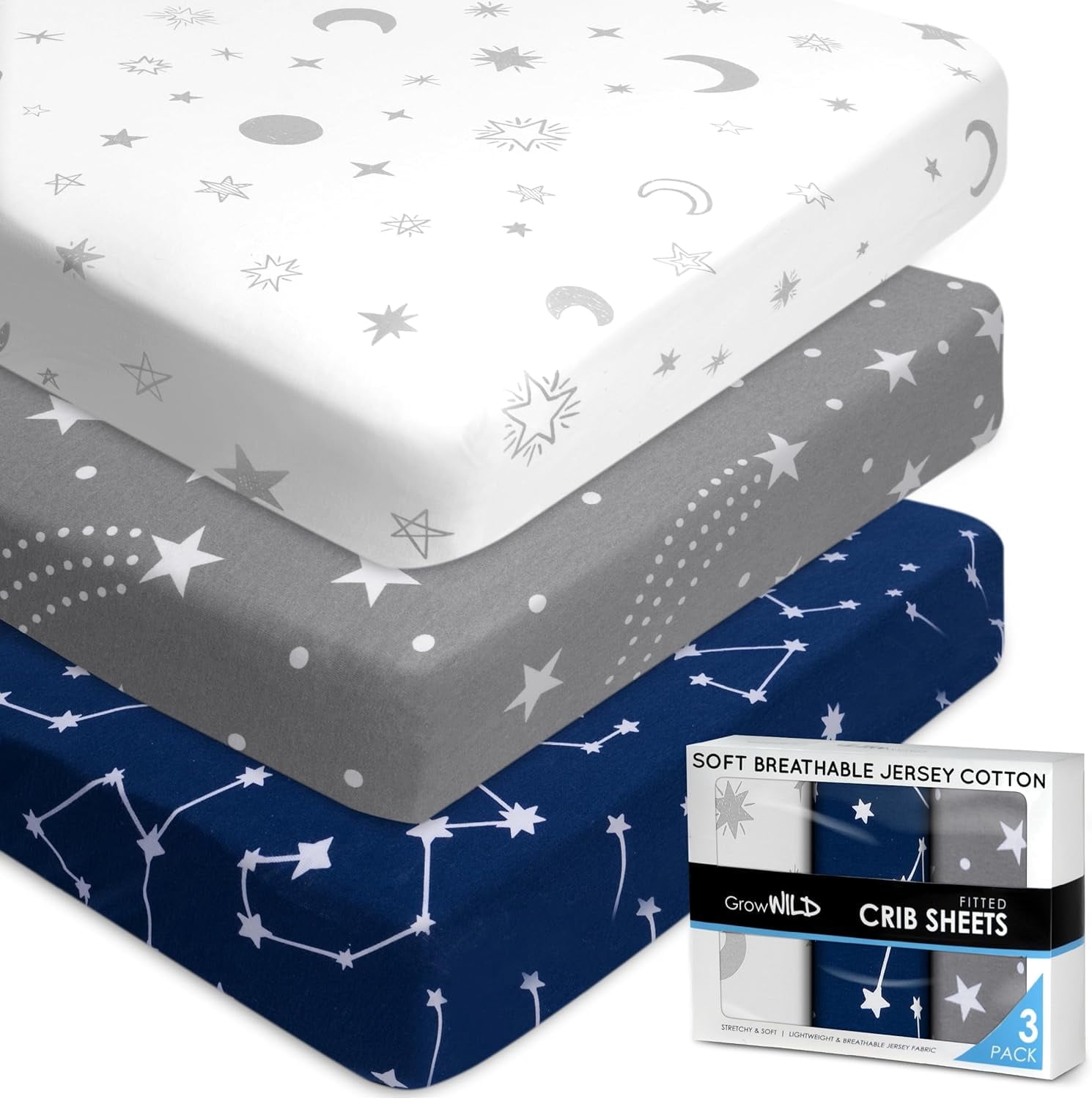 GROW WILD Crib Sheets For Boys or Girls | 3 Pack Soft Stretchy Jersey Cotton Fitted Crib Sheet Neutral | Grey White Navy Blue Baby Crib Sheets For Girl, Crib Mattress Sheet or Toddler Bed Sheets