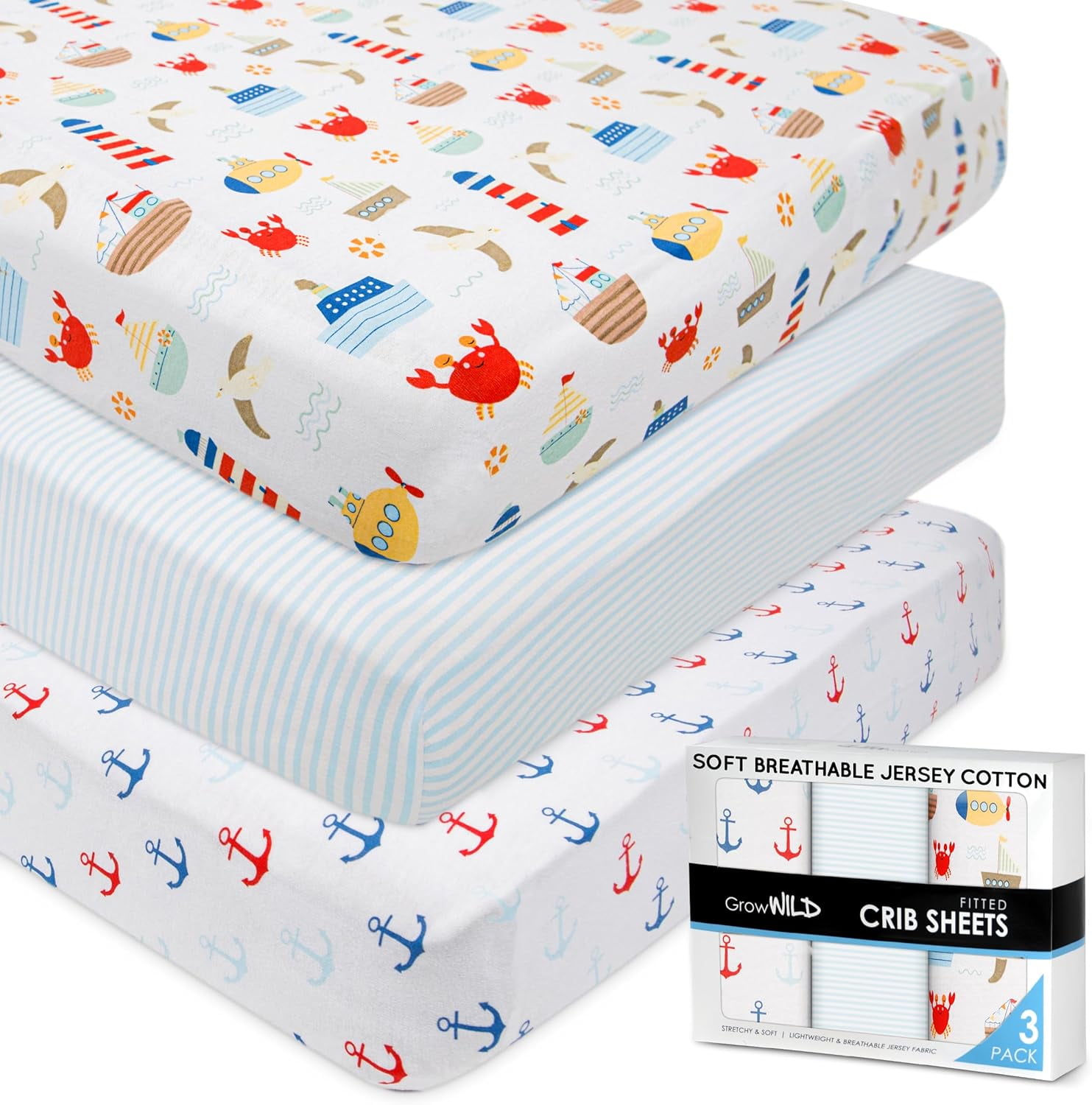 GROW WILD Fitted Nautical Crib Sheets (3 Pack) - Jersey Knit Cotton Boys Crib Sheets - 52”x28”x9”