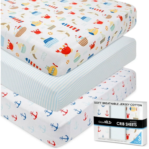 GROW WILD Fitted Nautical Crib Sheets (3 Pack) - Jersey Knit Cotton Boys Crib Sheets - 52x28x9