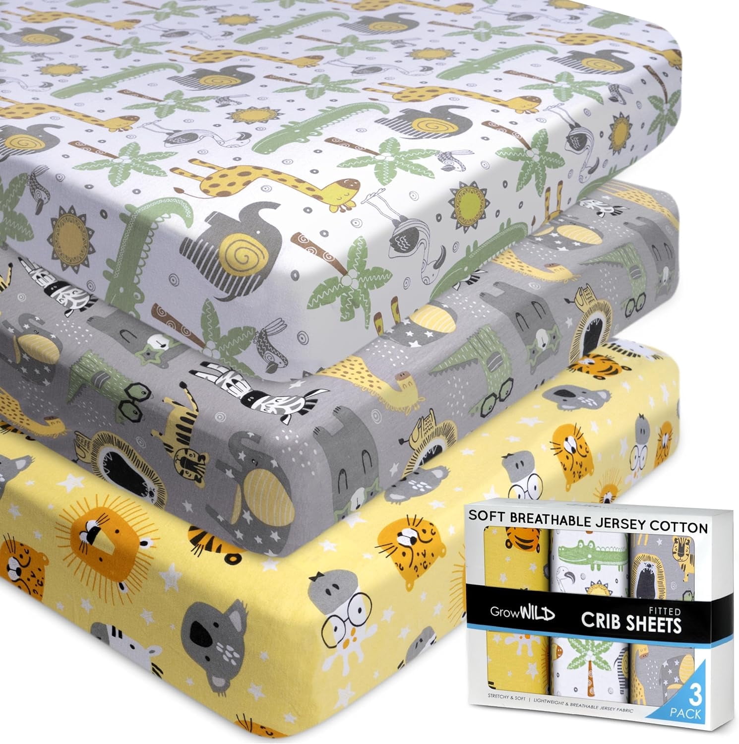 GROW WILD Safari Baby Crib Sheets - 52"x28"x9" Fitted Crib Sheets for Baby Boy or Girl (3 Pack)