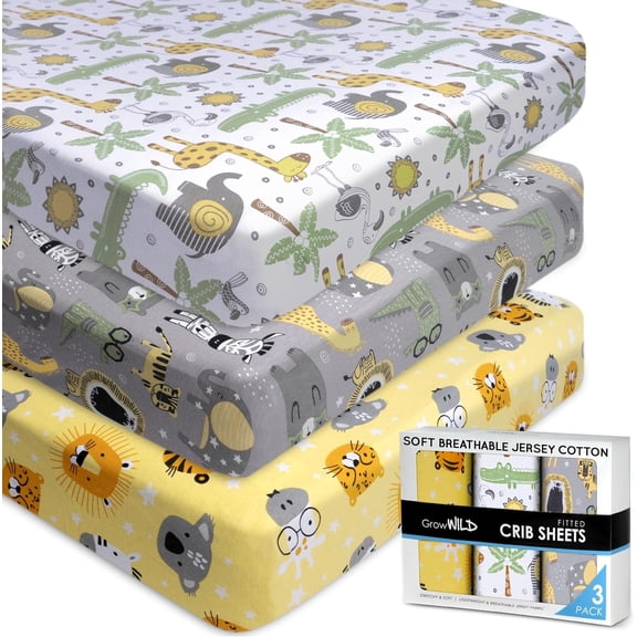 GROW WILD Safari Baby Crib Sheets - 52"x28"x9" Fitted Crib Sheets for Baby Boy or Girl (3 Pack)