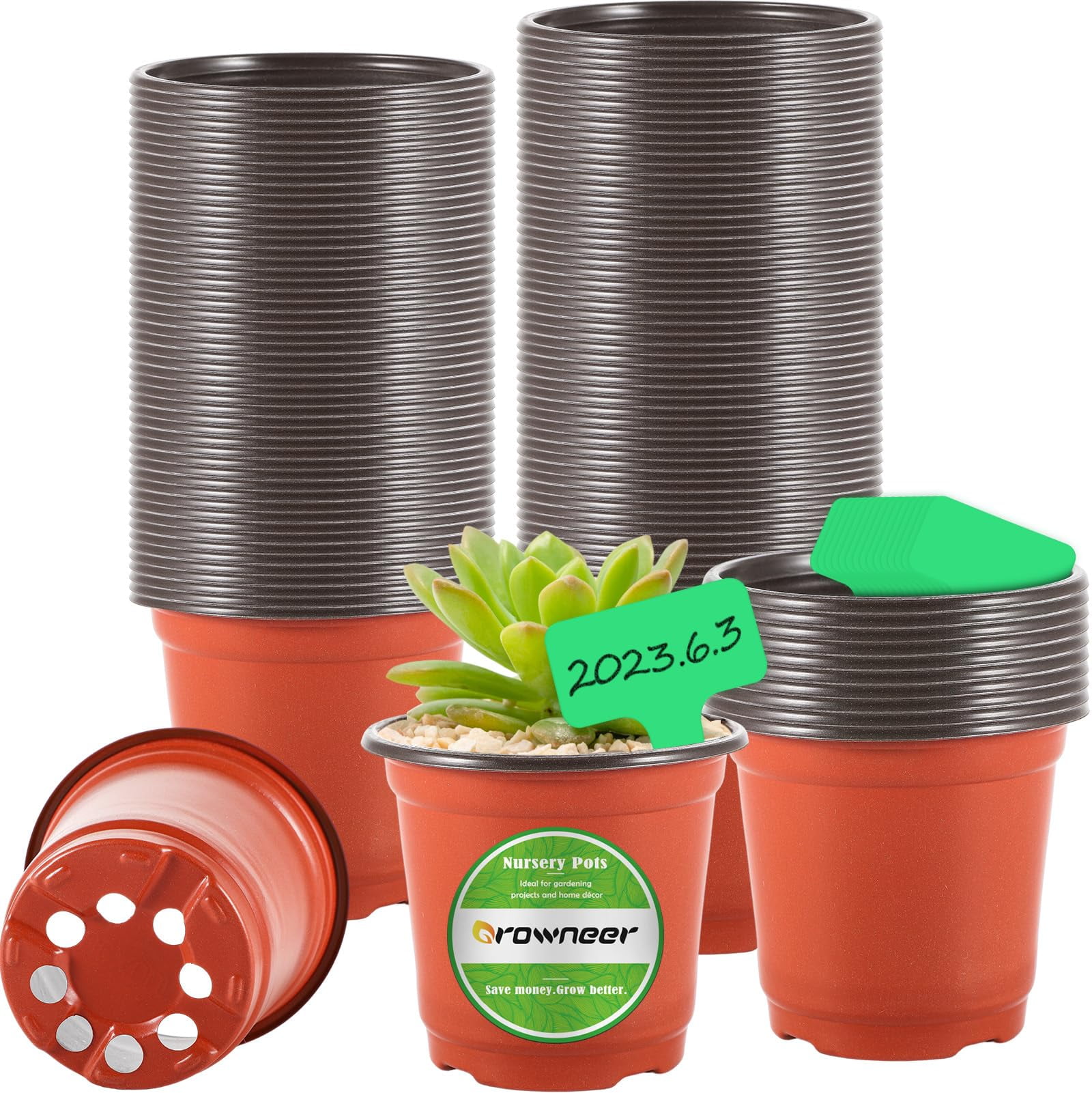 GROWNEER 120 Packs 4 MMF7 Inch Plastic Plant Nursery Pots with 15 Pcs