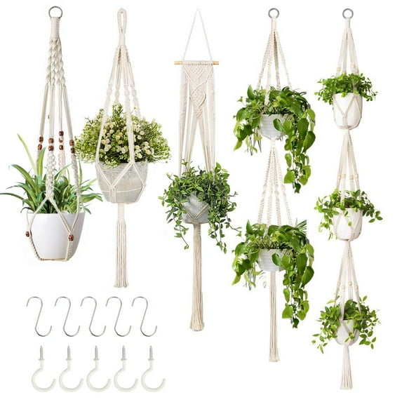 GROWNEER 5 Packs Macrame Plant Hangers with 5 Hooks, Different Tiers, Handmade Cotton Rope Hanging Planters Set Flower Pots Holder Stand, for Indoor Outdoor Boho Home Decor