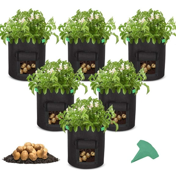 GROWNEER 6 Packs 7 Gallons Grow Bags Potato Planter Bag with Access Flap and Handles, Planting Grow Bags Fabric Pots for Grow Vegetables, Potato, Carrot, Onion, with 15 Pcs Plant Labels