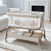 GROWNSY Baby Bassinet Bedside Sleeper with Gentle Rocking Mode, 6 Adjustable Heights, Full Breathable Mesh, Convertible to Portable Crib, Bassinets with Mattress & Wheels, Beige