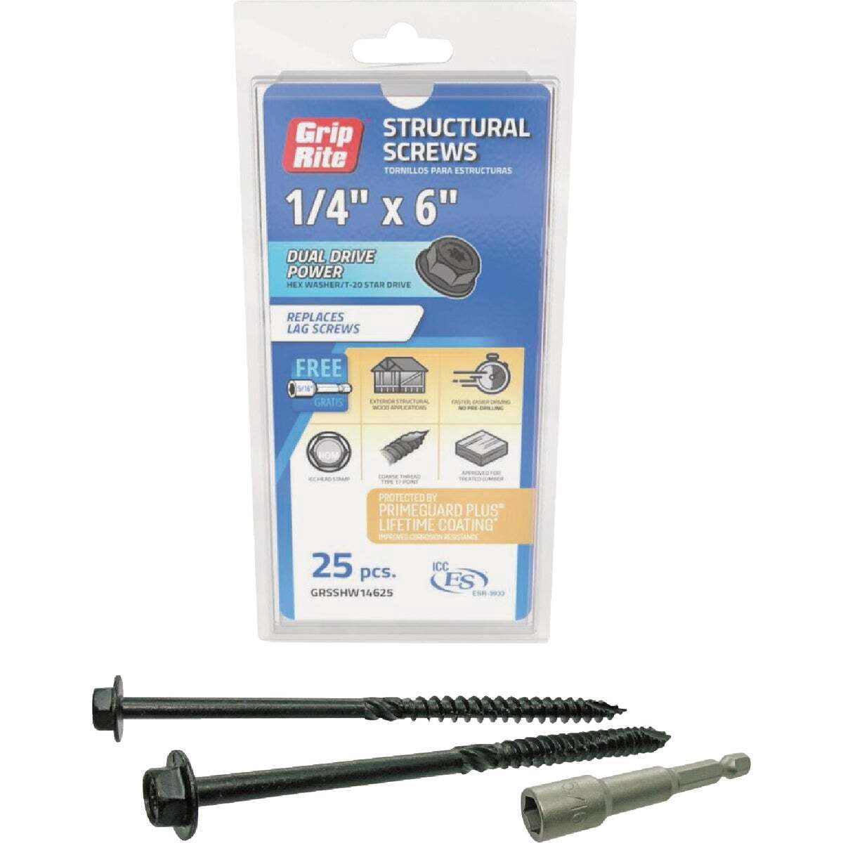 Grip-Rite GRSSHW14625 Grip-Rite PrimeGuard Plus 1/4 In. x 6 In. Hex Washer Head Structural Screw(25-Count) Black