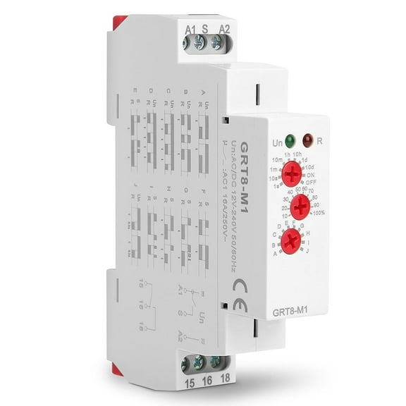 GRT8-M1 Multifunction Time Relay 12v Delay Off Multifunctional Time, On Off Timing with 10 Functions DIN Rail Mount AC/DC 12V~240V