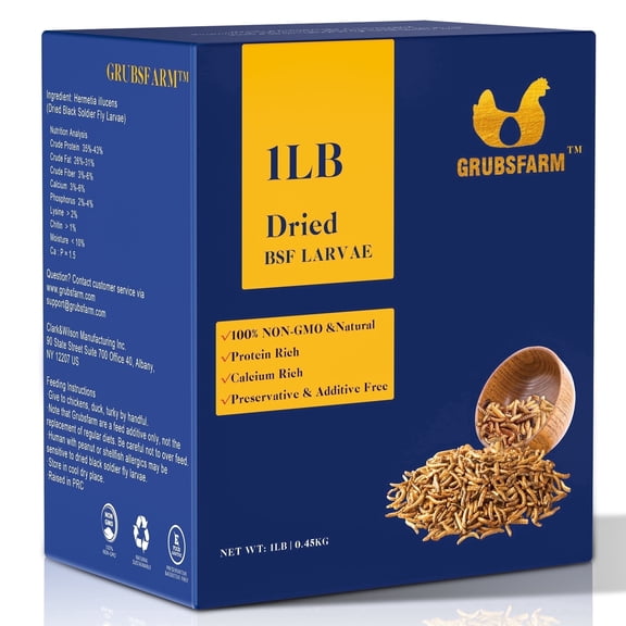 GRUBSFARM 1LB Dried BSF Larvae - Premium Chicken Treat, 85X Calcium, Non-GMO for Molting&Laying Hens