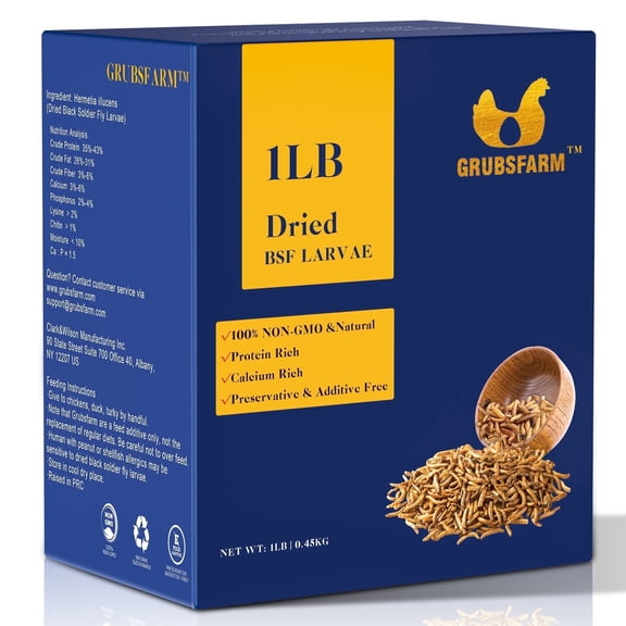 GRUBSFARM 1LB Dried BSF Larvae - Premium Chicken Treat, 85X Calcium, Non-GMO for Molting&Laying Hens