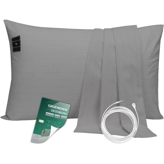 GRUENERDE Grounding Pillowcase King Conductive Grounding Pillow Cases Organic Cotton Grounding Sheets with 15ft Grounding Cord for Better Sleep Pain Relief Improve Energy 20X36in Gray