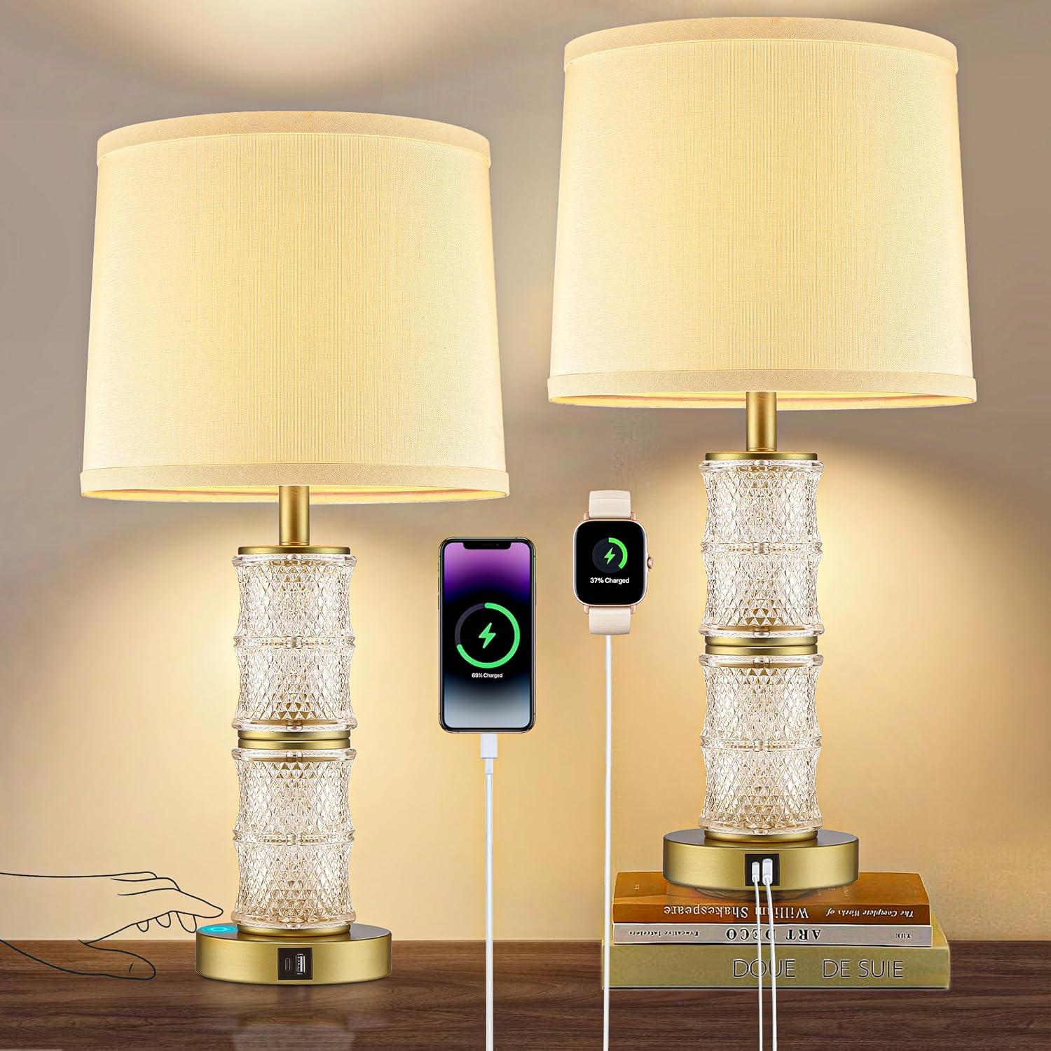 GRUENLICH Crystal Bedside Lamps Set of 2, Gold Bedroom Nightstand Light ...