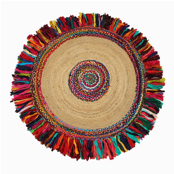GRUHUM Jute Area Rug 3ft-Handwoven Natural Round Multicolour Cotton Fringes Handmade Boho Chindi Soft Braided Rustic Vintage Rugs -Indoor EcoFriendly Kitchen Bedroom Living Hallways Enterways 3'Round