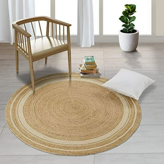 GRUHUM 5'x5' Jute Area Rug - Natural Fiber Round Collection Handmade Boho Charm Farmhouse Jute Area Rug , Soft Braided Rug for Indoor Outdoor Kitchen Bedroom Living Hallways Enterway