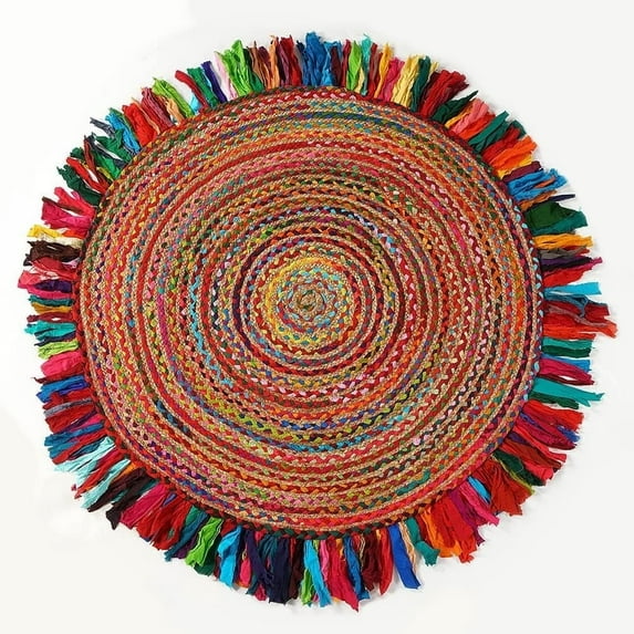 GRUHUM Jute Area Rug, 6 ft Round, Natural Fiber, Handmade Boho Multicolor, Soft Braided, Rustic Vintage for Indoor