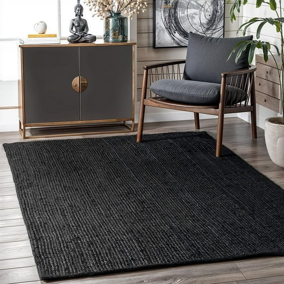 GRUHUM Black Jute Area Rug 9x12 Feet Rectangle Natural Fiber Boho Braided Handwoven Farmhouse Rustic Vintage EcoFriendly Large Carpet Home Décor Rugs - Living Room Hallways Bedroom Enterwayss 9x12'ft